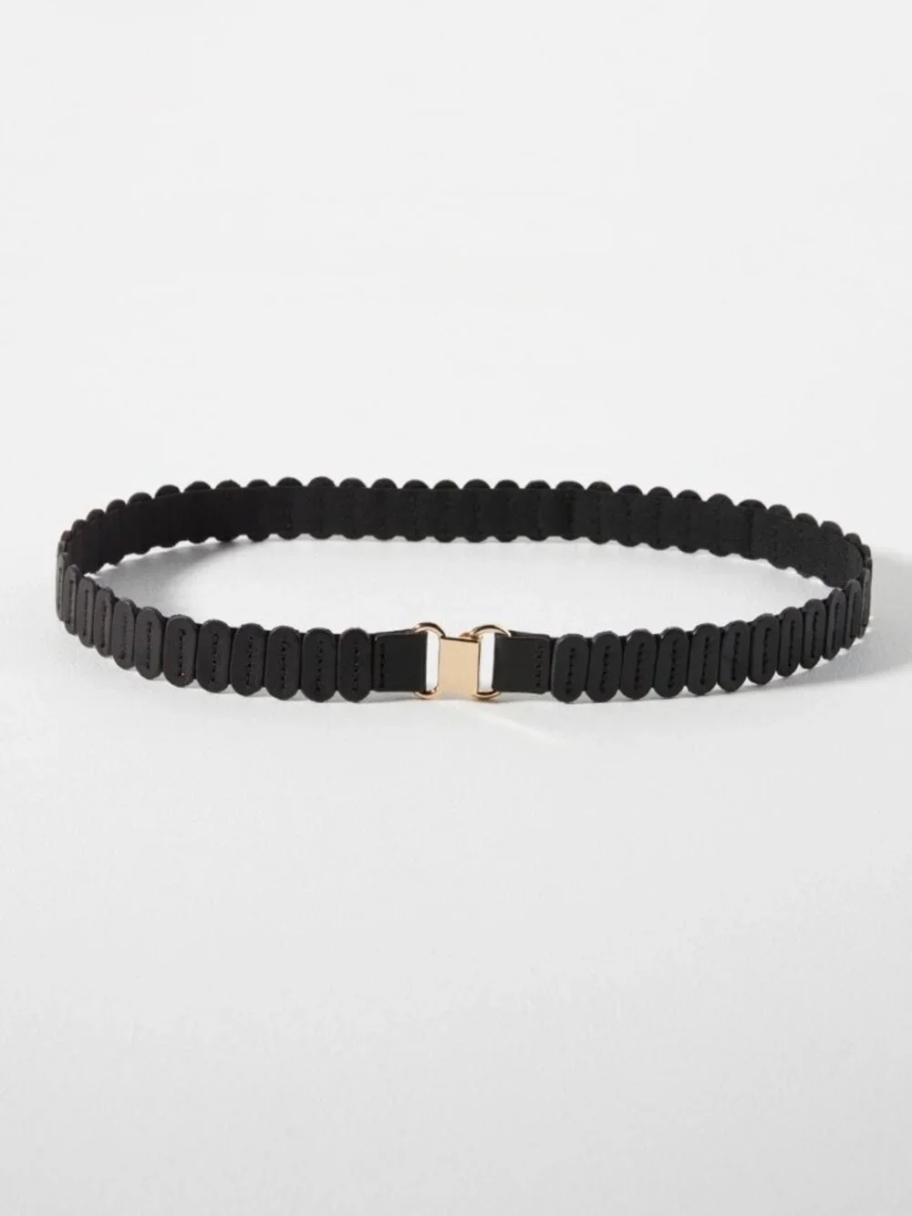 Anthropologie The Tabitha Stretch Belt Carbon Black Leather Scalloped Size M 30